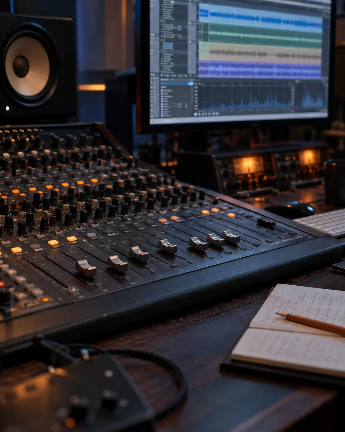 Professional mixing console and workstation lit in blue and warm orange