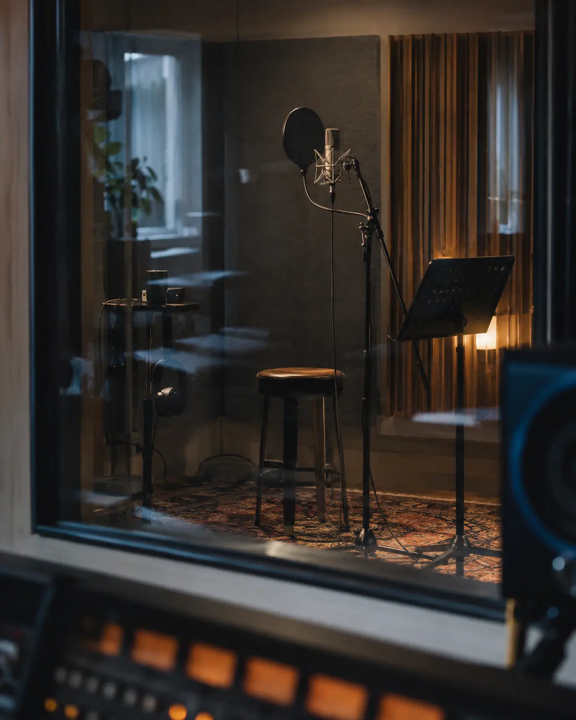 Empty recording booth with a microphone, pop filter and music stand