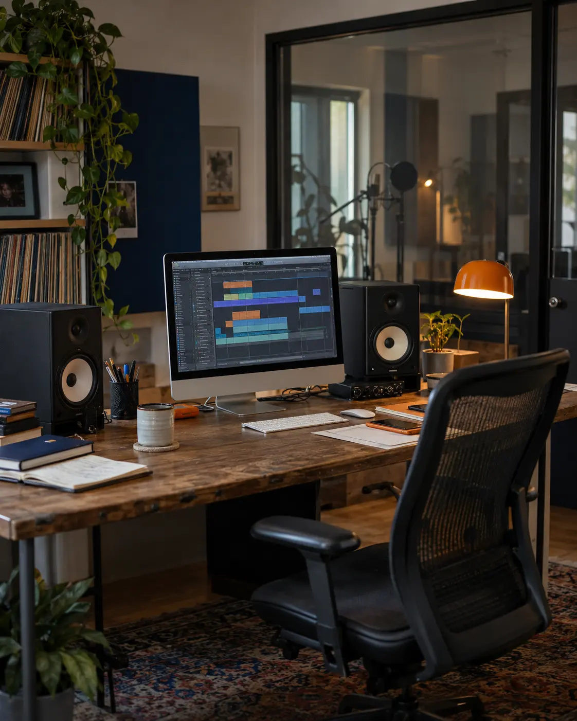 Independent record label workspace with speakers, a DAW screen and a vocal booth